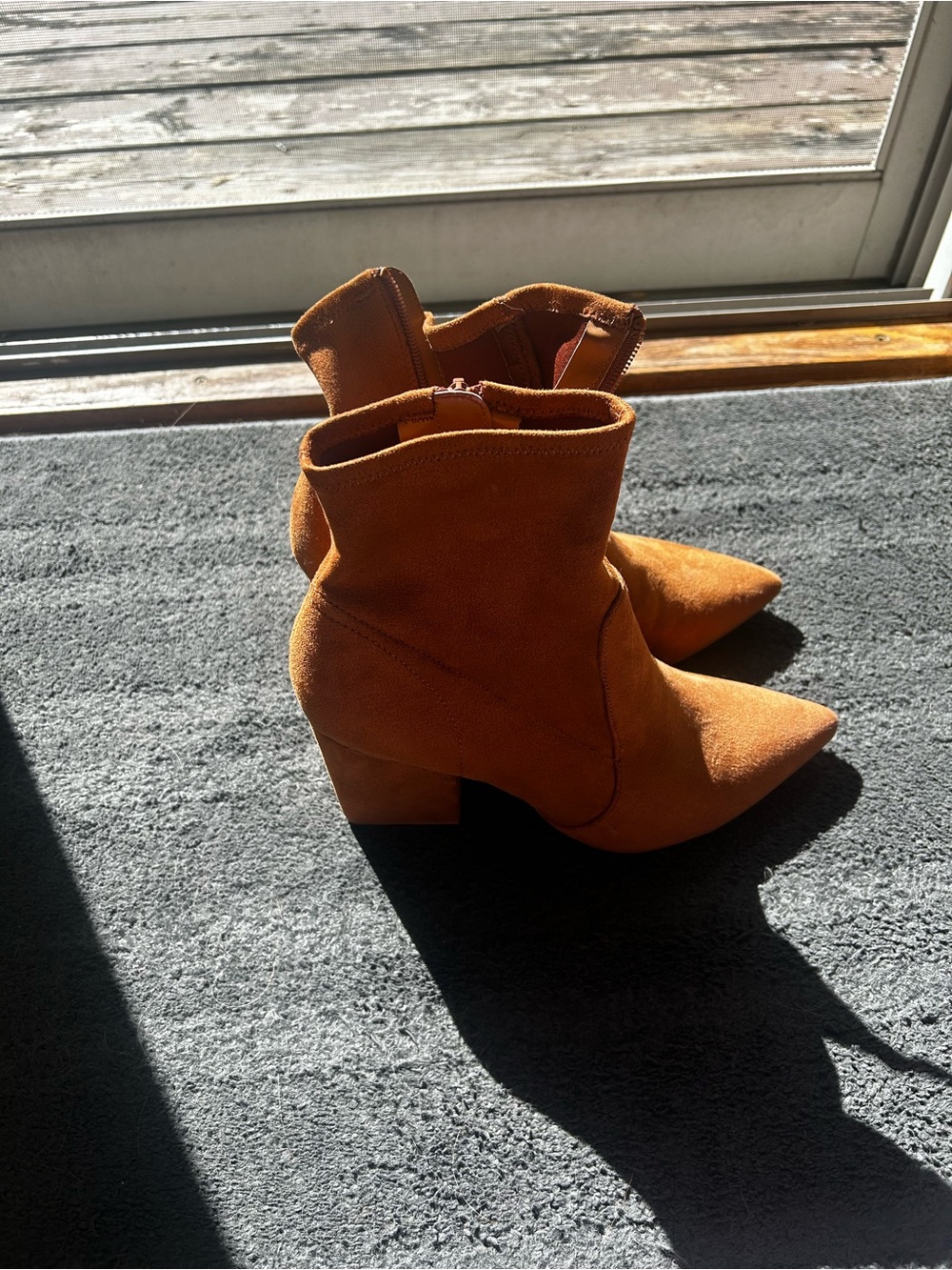 Express Burnt Orange Suede Pointed-Toe Block Heel Ankle Boots